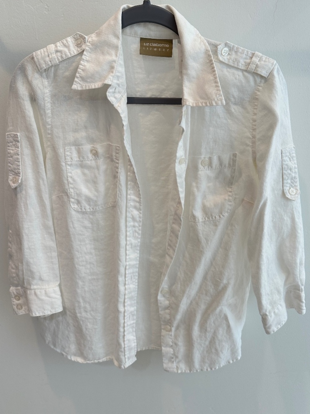 LIZWEAR White Linen Blouse Size Small 3/4 Sleeve Machine Wash